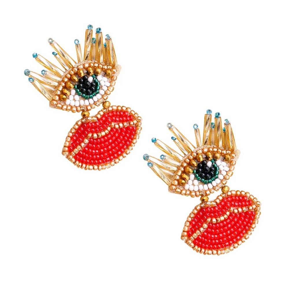 Beaded Eye and Red Lip Statement Earrings